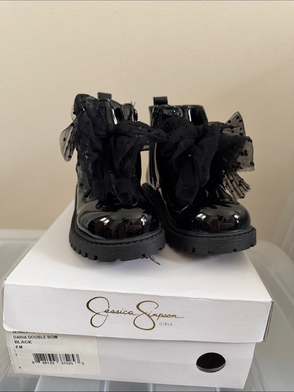 Jessica Simpson Black Patent Girls Ankle Boots with Tulle Bows